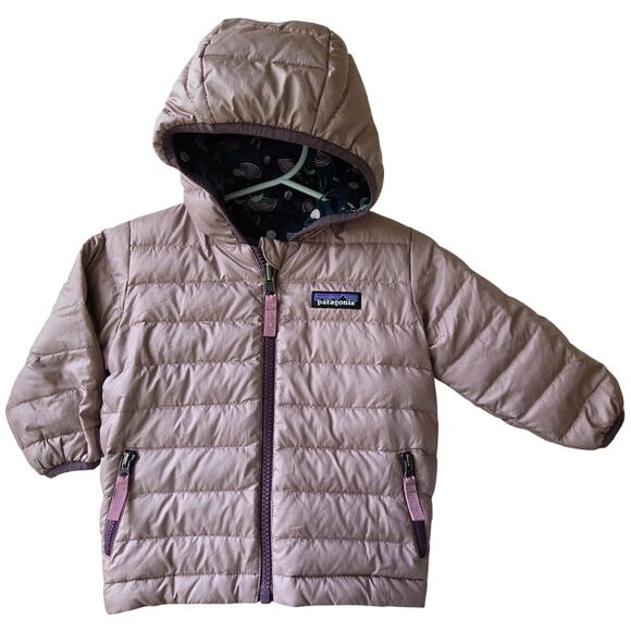 Patagonia Toddler Girls Reversible Down Sweater Jacket w Hood Pink Size 2T EUC - Picture 1 of 11